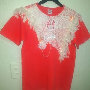 Custome Vintage Tshirt W/lace Embroidery & Pearls